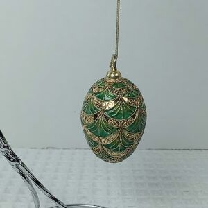 Green and Gold Holiday Enamel Cloisonne Egg Ornament With Fan Design